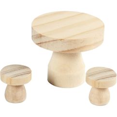  Miniatyyri - Puinen sienipöytä ja -tuolit