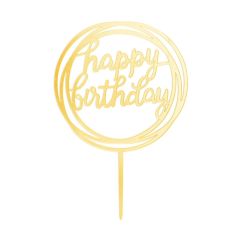  Akryylinen kakkukoriste - Happy birthday, kulta, 17cm