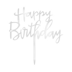  Akryylinen kakkukoriste - Happy birthday, hopea, 13cm