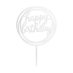  Akryylinen kakkukoriste - Happy birthday, hopea, 17cm