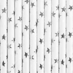  Valkoiset paperipillit hopeisilla tähdillä, 10kpl